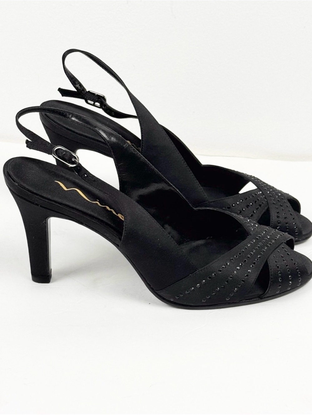 NINA “Camille” Black Lustre Slingback Peep-Toe Sandals